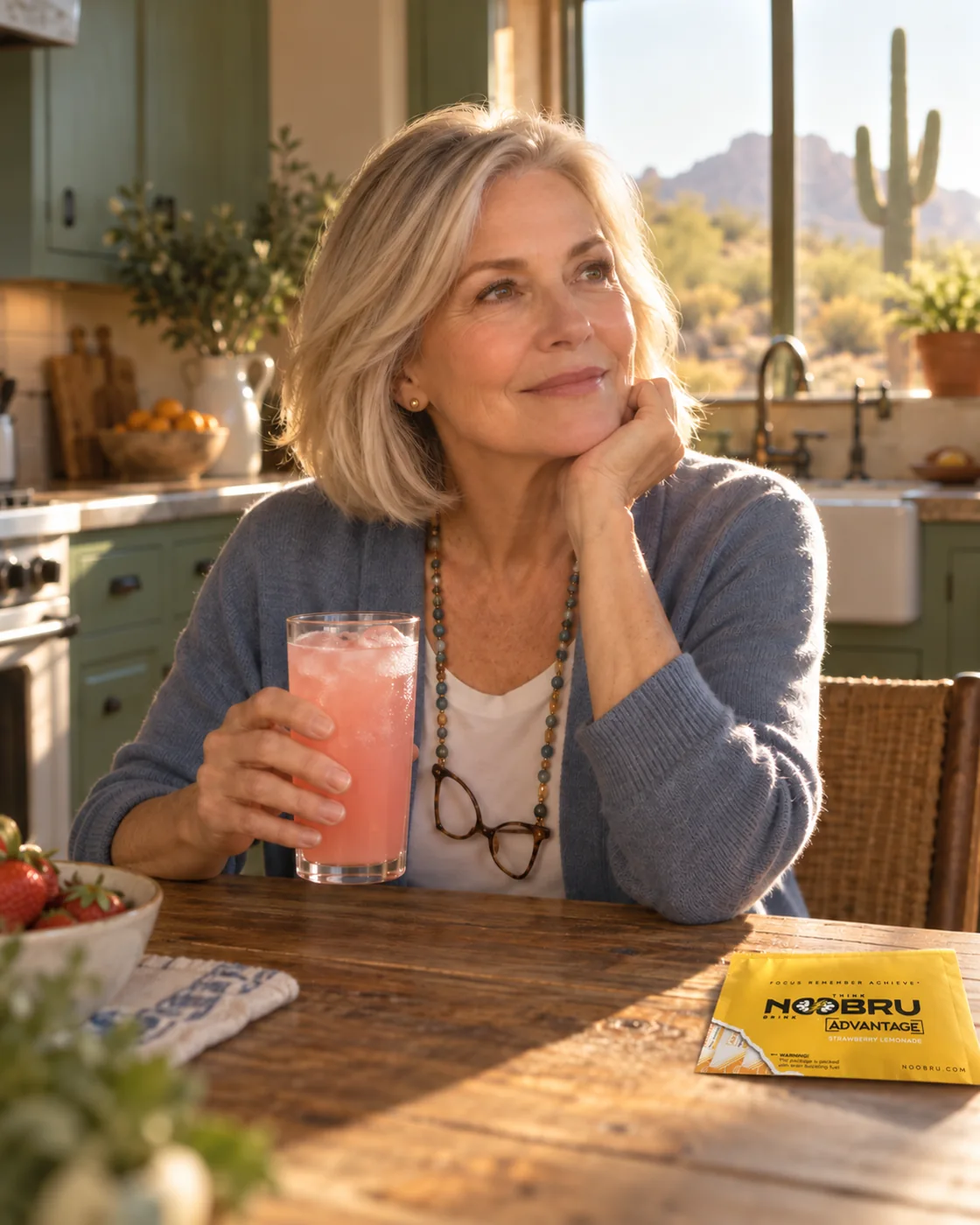 Carol, 66, sits at her kitchen table in morning light holding a glass of pink Noobru Advantage drink.