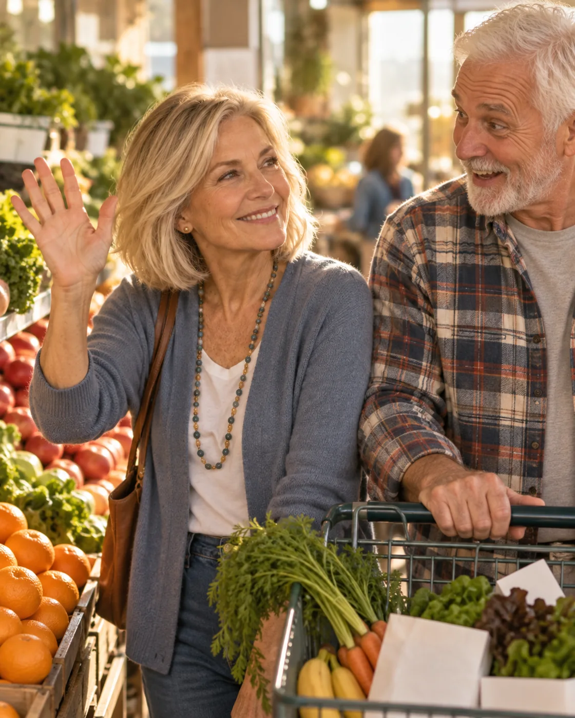 In a grocery aisle, Carol greets an old acquaintance by name while her husband looks on, delighted.