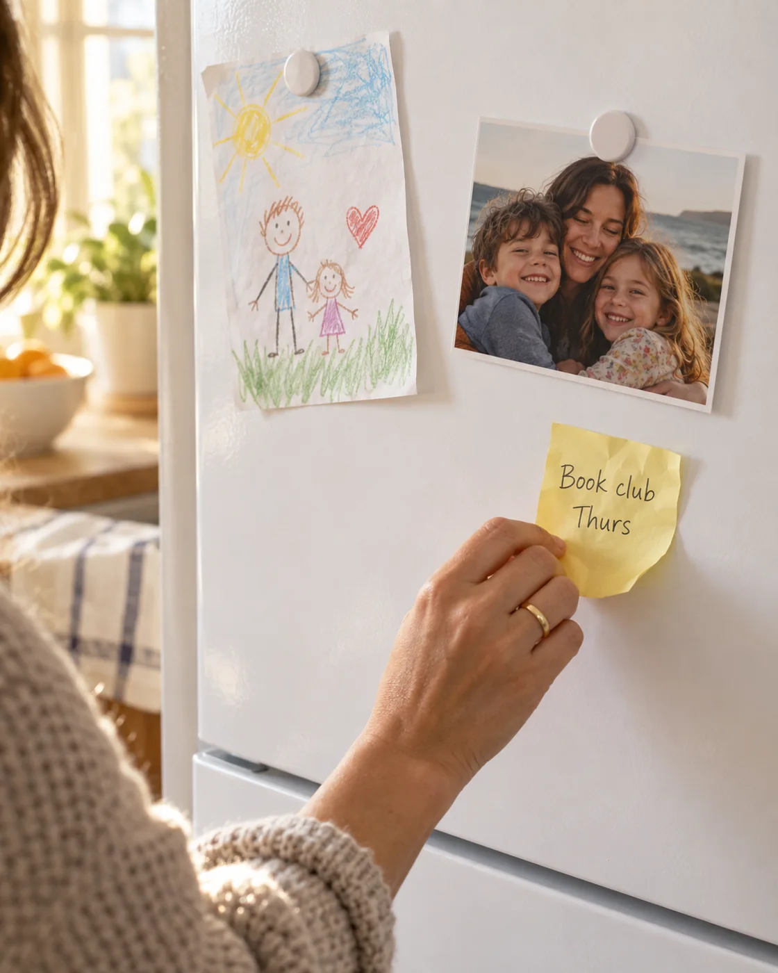 Carol peels the last reminder note off an almost-empty fridge door.