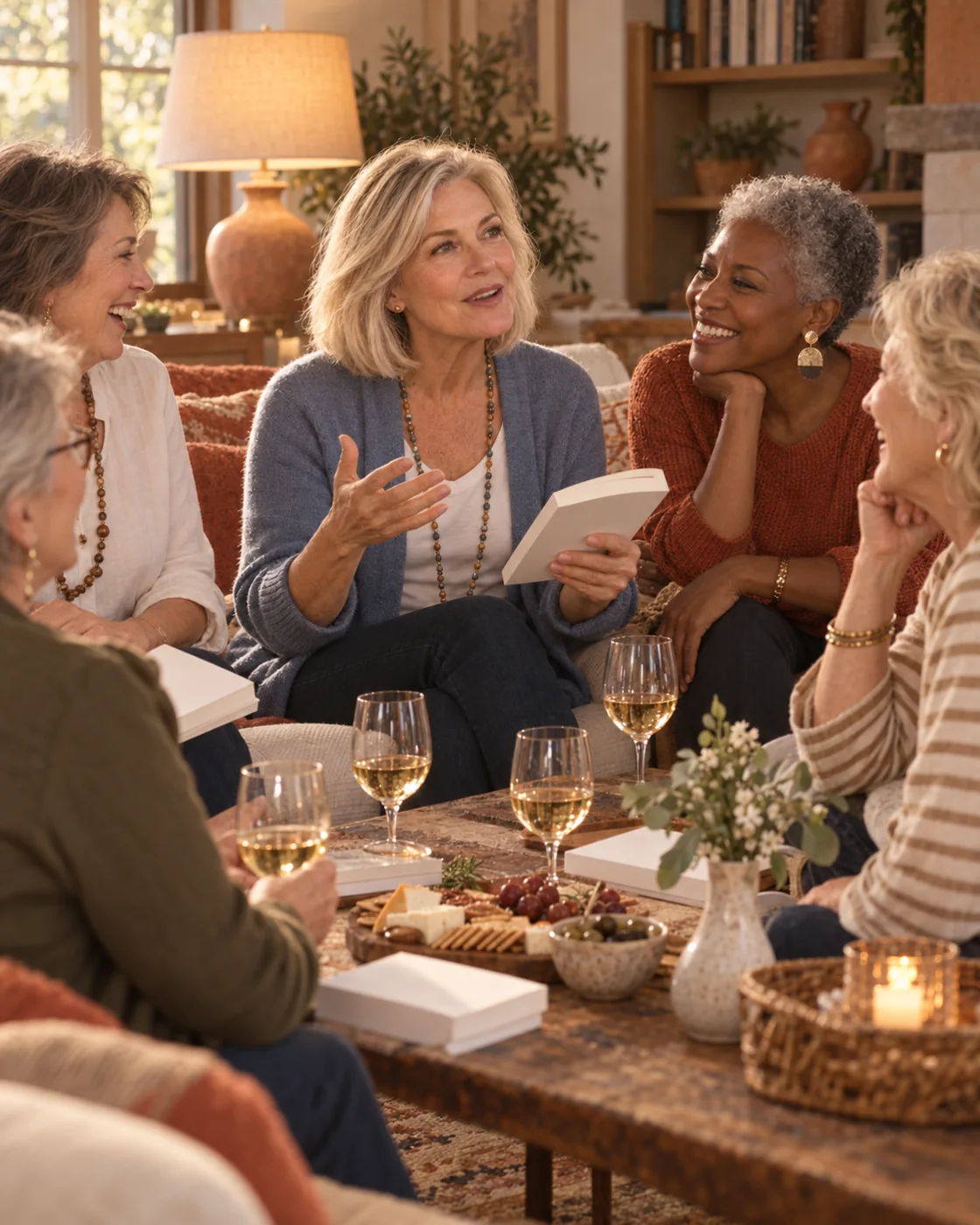 Carol leads the discussion at her book club as her friends laugh and lean in.