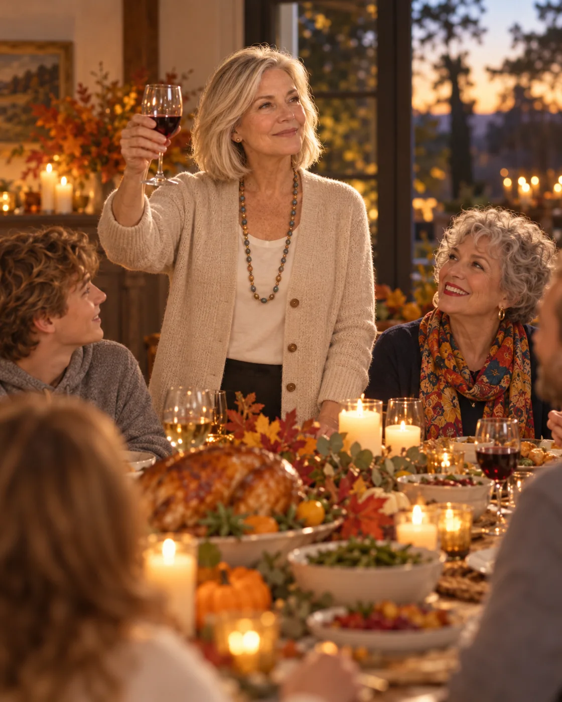At Thanksgiving, Carol confidently gives a toast as her family smiles up at her.