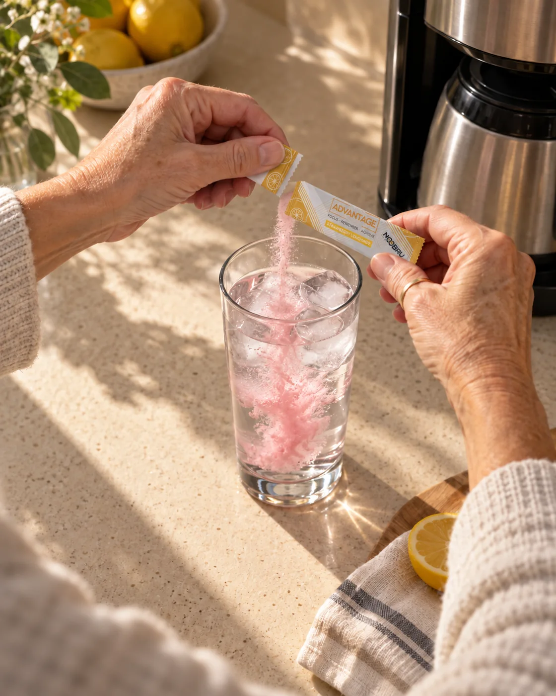 A woman's hands tear open a Noobru Advantage sachet and pour pink powder into a glass of cold water.
