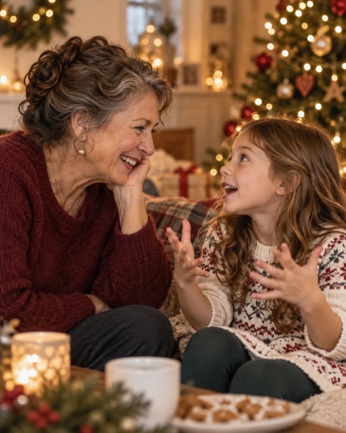 A grandmother laughs with her granddaughter during the holidays, fully engaged in her story.