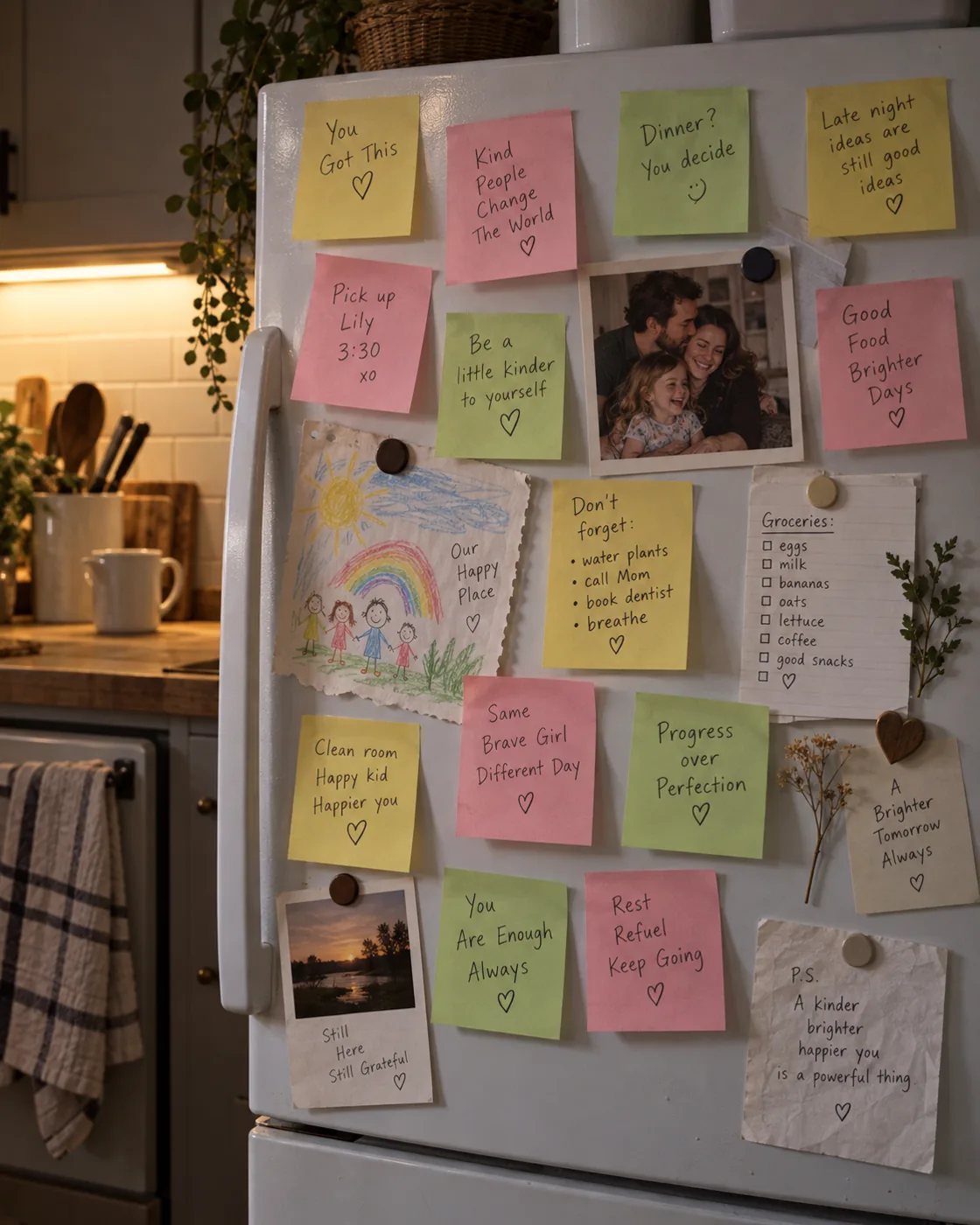 A fridge door covered in handwritten sticky-note reminders.