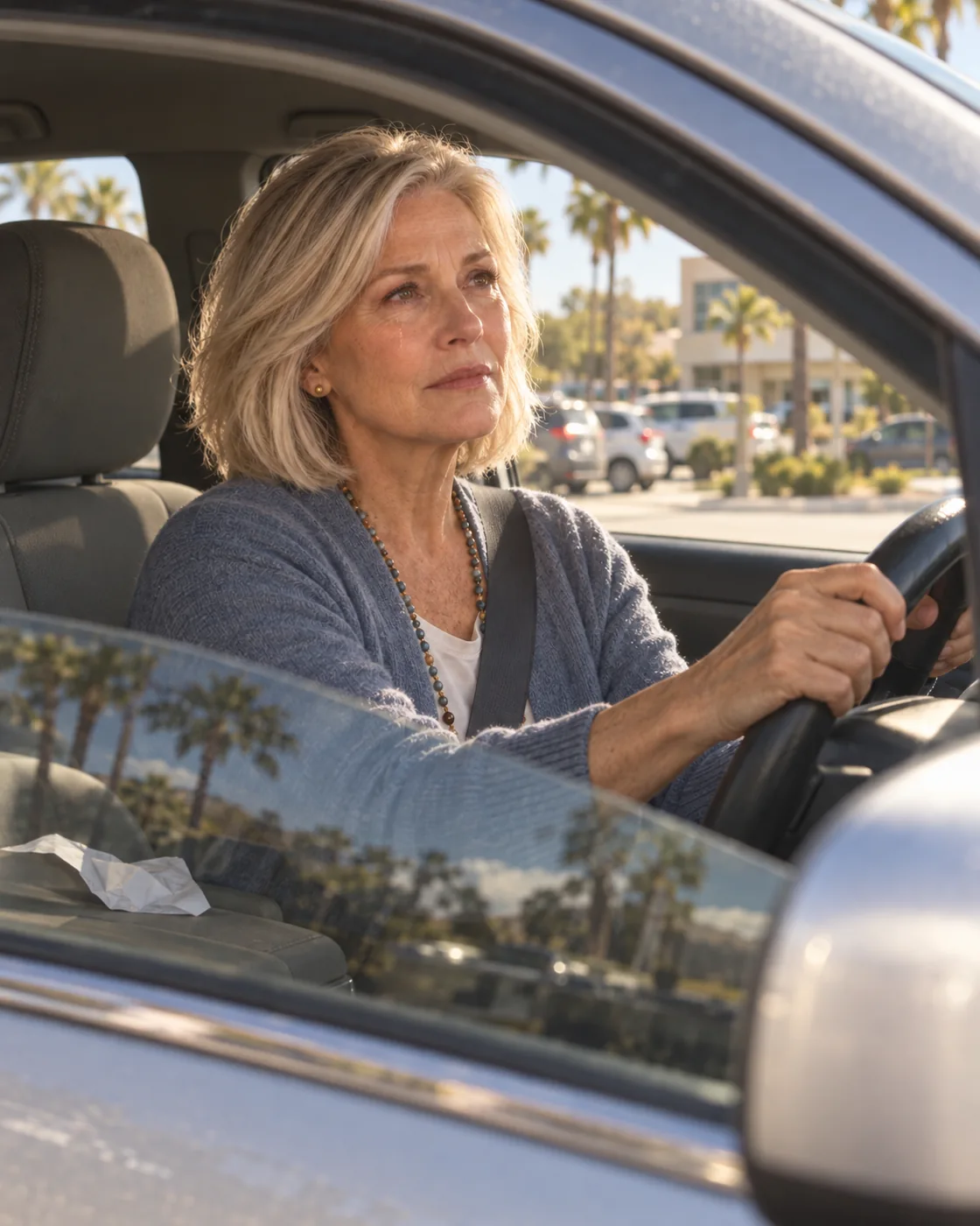 Carol sits alone in her car outside the doctor's office, holding back tears.
