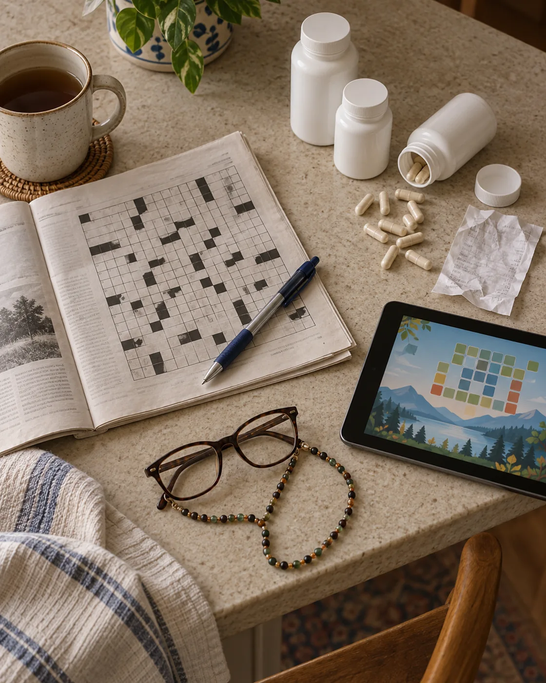 A crossword, a brain-game app and spilled memory pills on a kitchen counter.