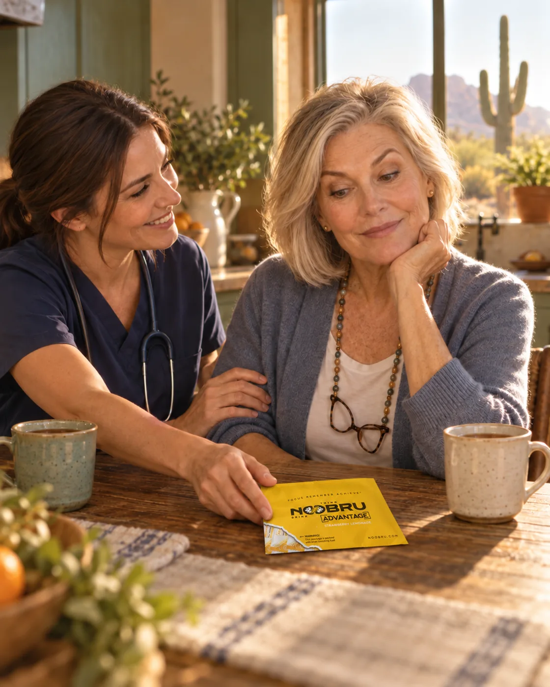 Carol's daughter-in-law, a nurse, slides a box of Noobru Advantage across the kitchen table to her.