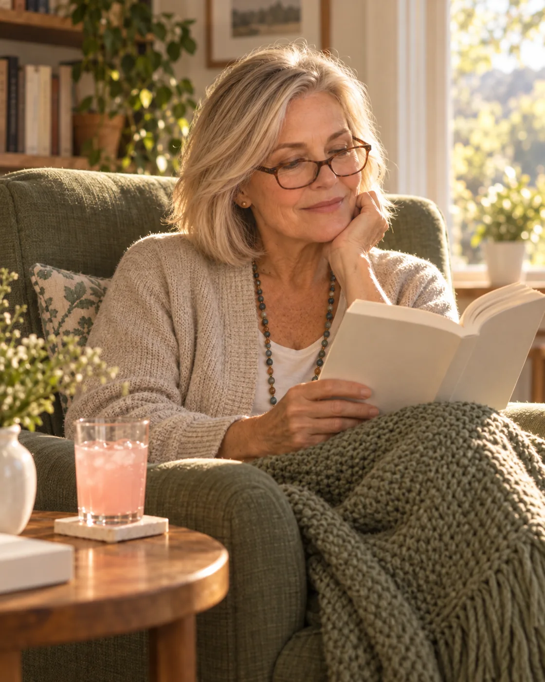 Carol reads contentedly in an armchair by the window, a glass of Noobru Advantage beside her.