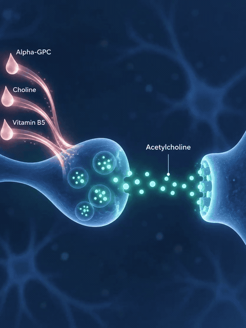 Illustration of choline ingredients feeding a brain cell that sends acetylcholine messengers to the next cell.