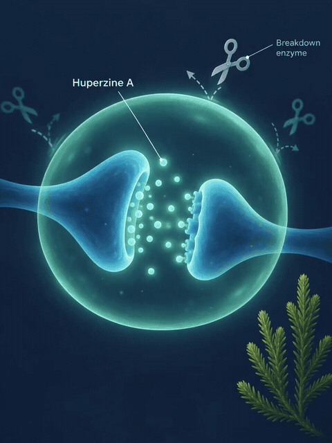 Illustration of a protective bubble around acetylcholine, labelled Huperzine A, keeping the breakdown enzyme away.